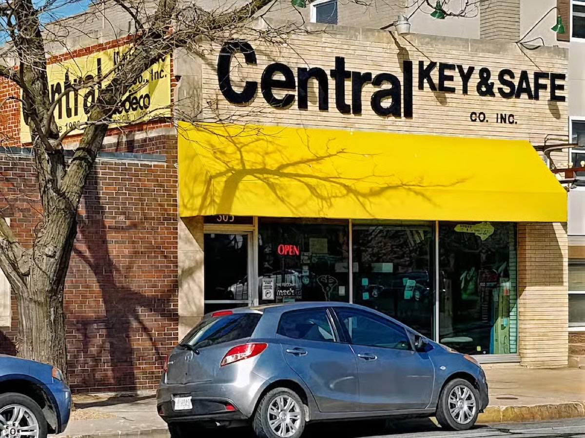 Close view of the Central Key & Safe Co. storefront and yellow awning on N. Market Street, Wichita